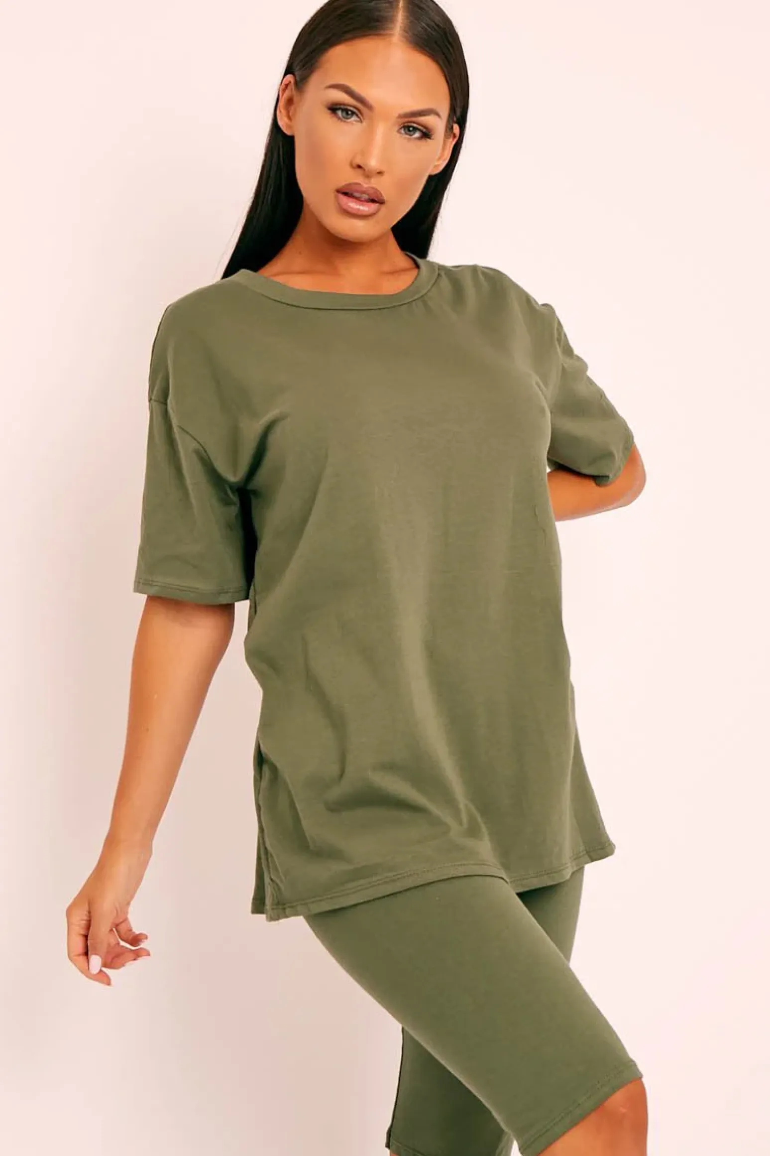 Rebellious Fashion Green Oversized T-shirt Cycling Shorts Co-ord - Bethanny