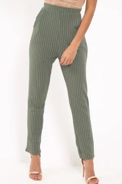 Rebellious Fashion Green Pinstripe Tapered Trousers - Paighton