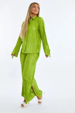 Rebellious Fashion Green Plisse Button Front Oversized Shirt & Trouser Set - Ingrid