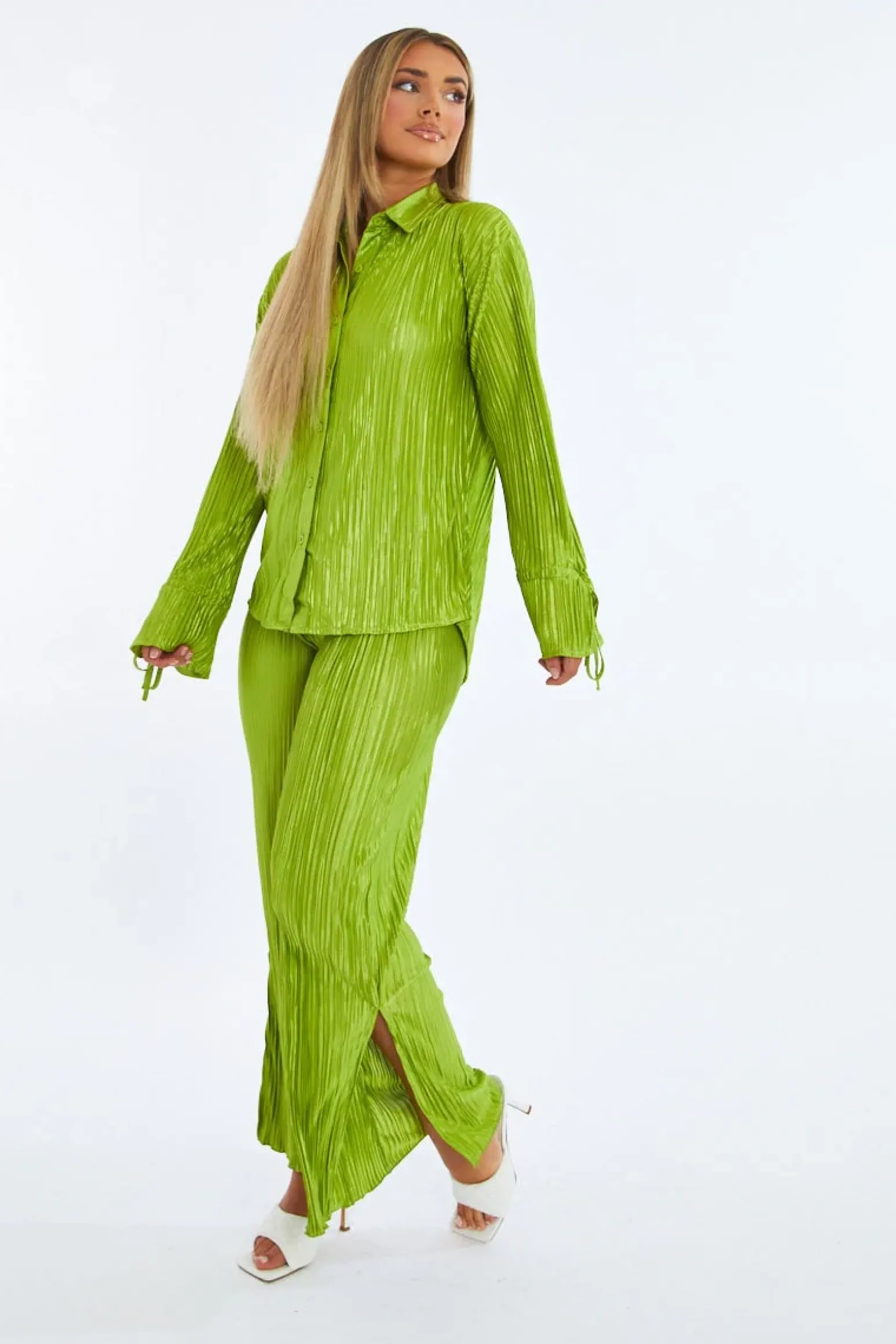 Rebellious Fashion Green Plisse Button Front Oversized Shirt & Trouser Set - Ingrid
