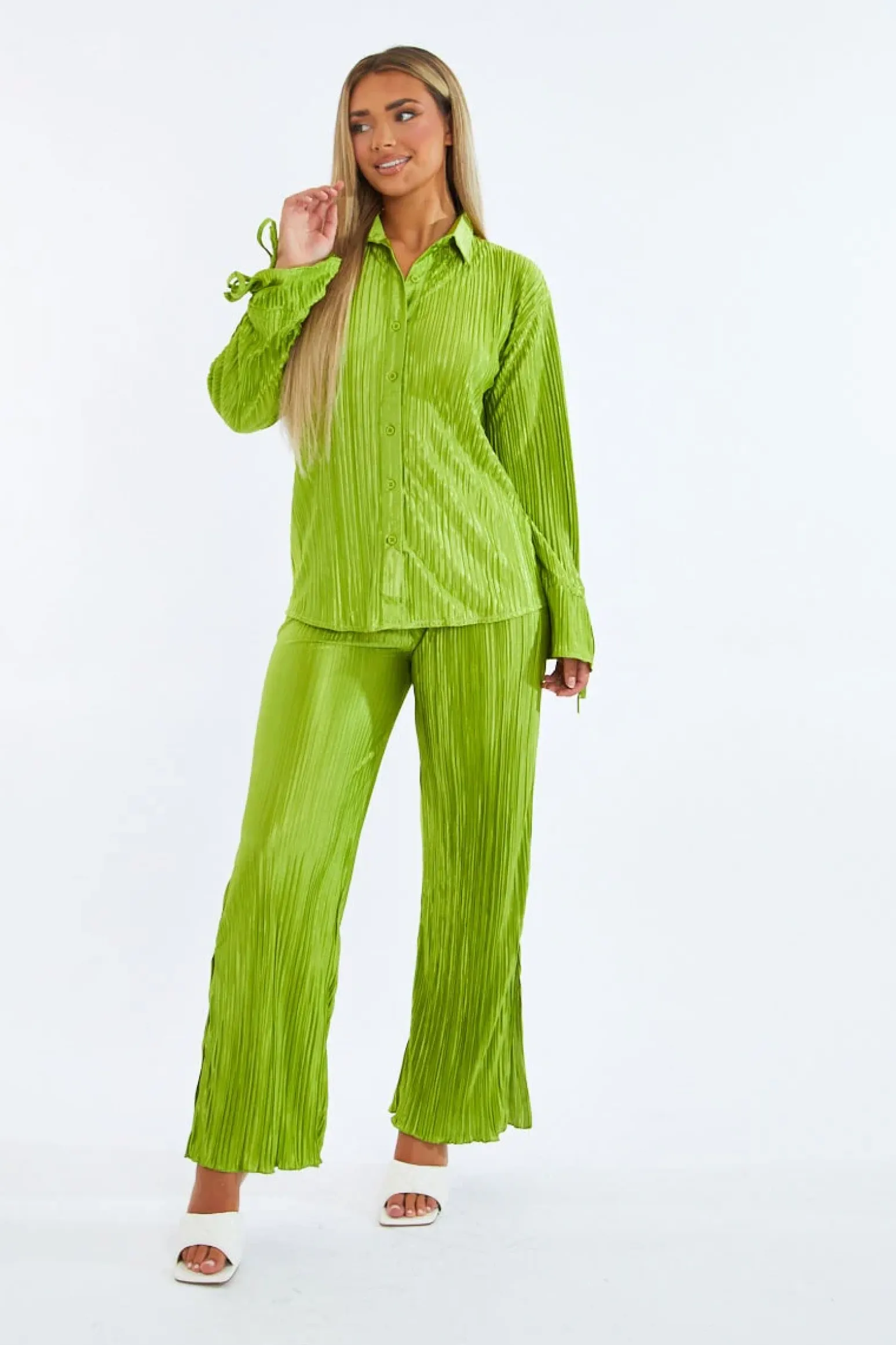 Rebellious Fashion Green Plisse Button Front Oversized Shirt & Trouser Set - Ingrid