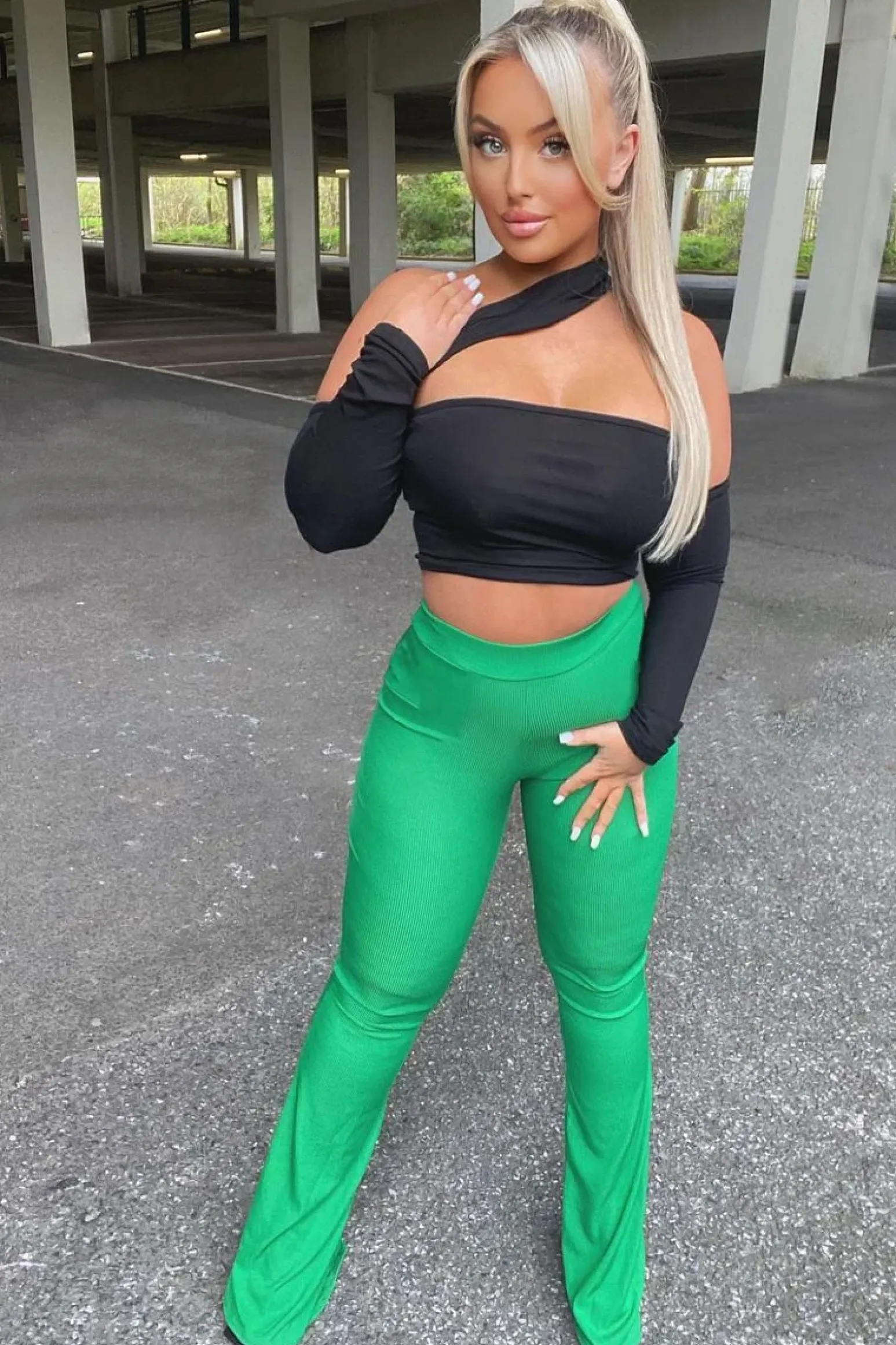 Rebellious Fashion Green Ribbed Flare Trousers - Jori