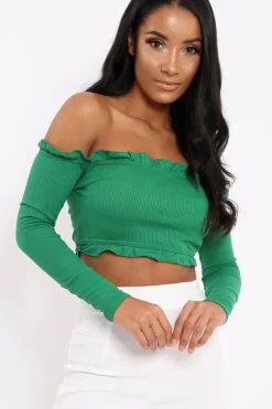 Rebellious Fashion Green Ribbed Frill Bardot Crop Top - Cassidy