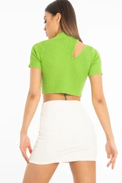 Rebellious Fashion Green Rib High Neck Crop Top - Talina