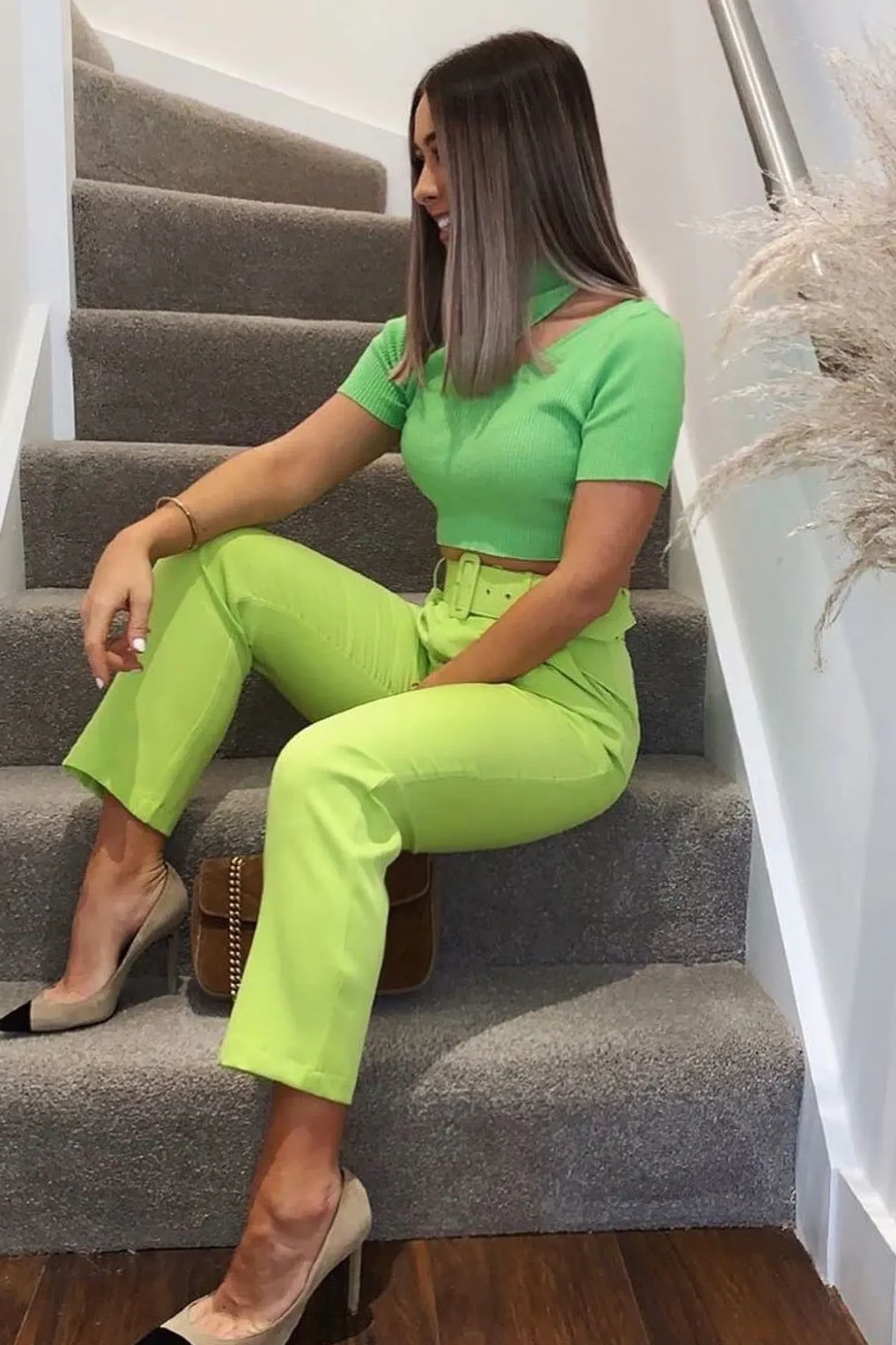 Rebellious Fashion Green Rib High Neck Crop Top - Talina