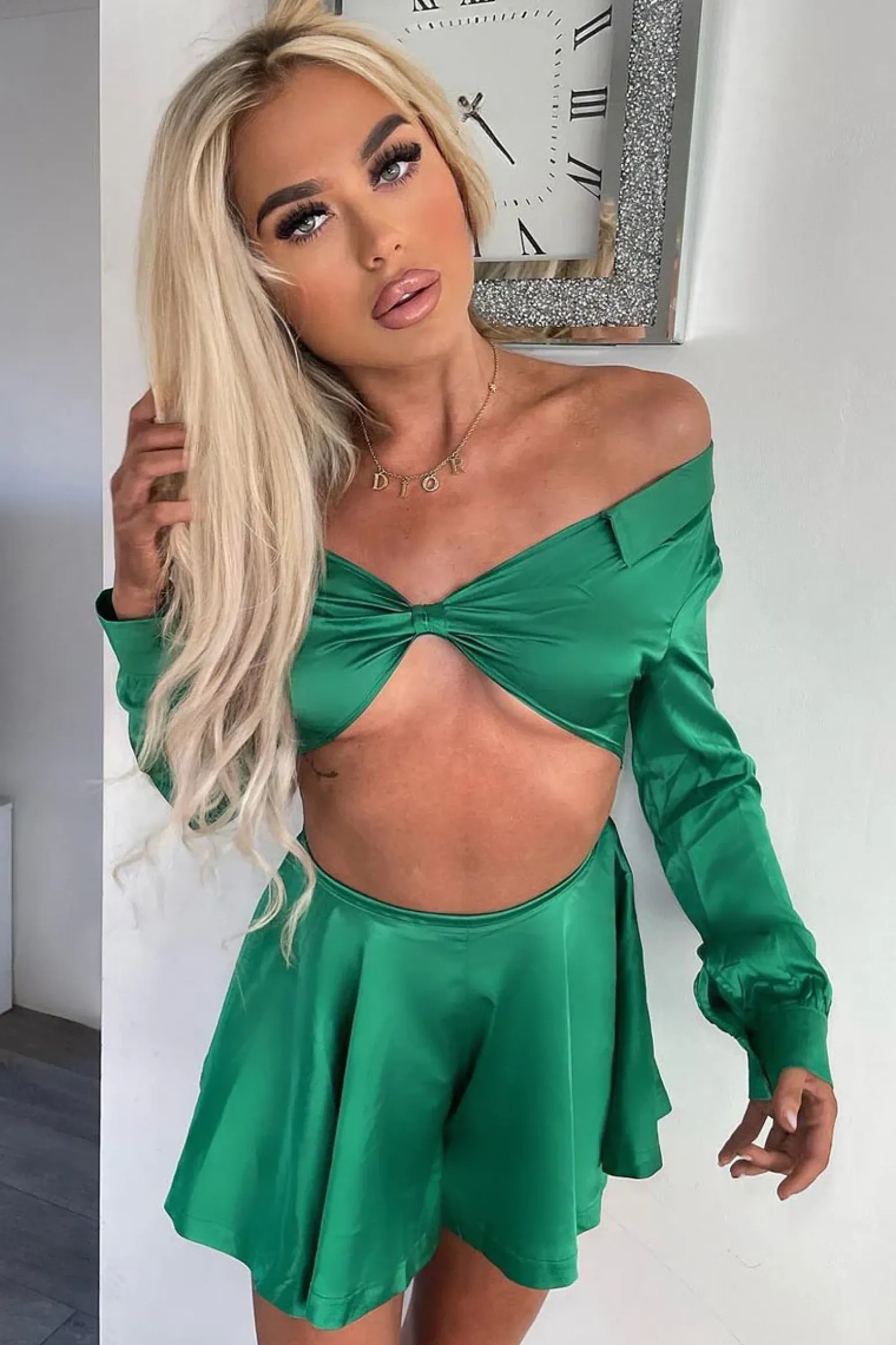 Rebellious Fashion Green Satin Flared High Waisted Shorts - Meral