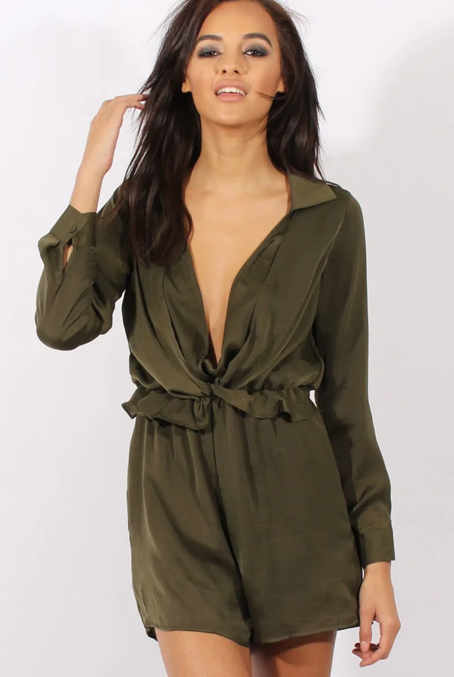 Rebellious Fashion Green Satin Plunge Knot Playsuit - Candy