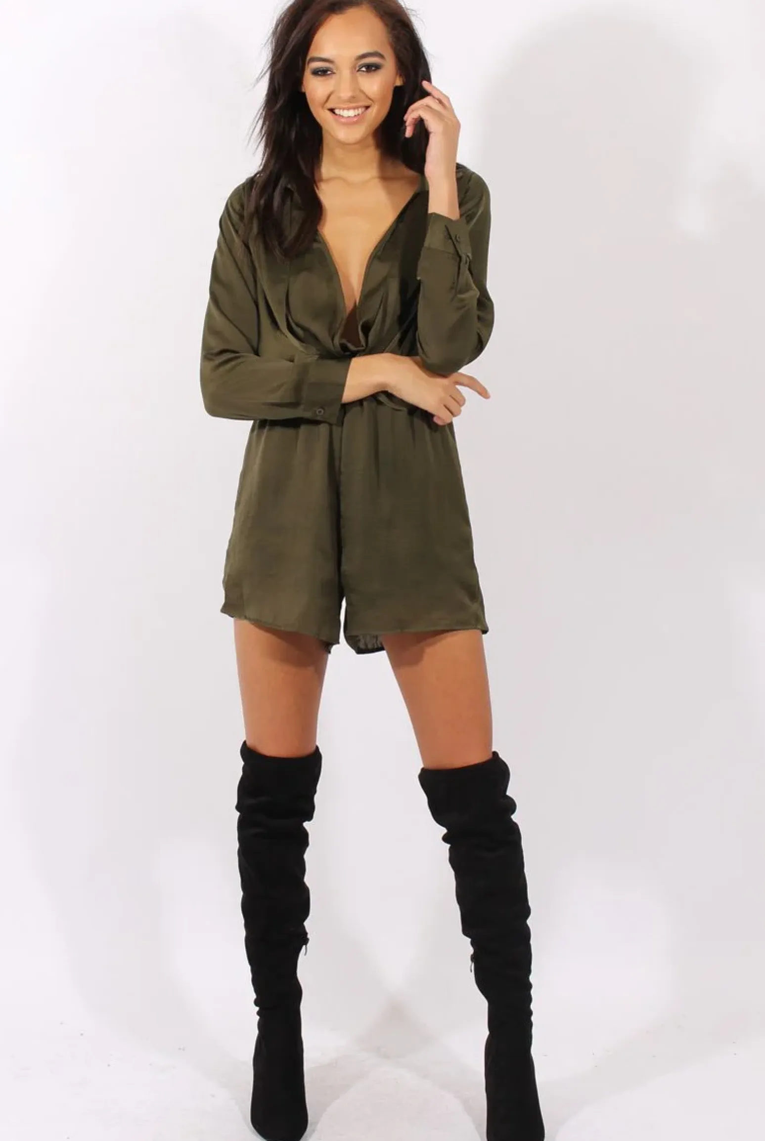 Rebellious Fashion Green Satin Plunge Knot Playsuit - Candy