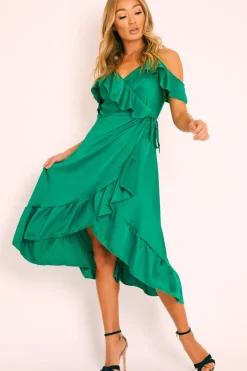 Rebellious Fashion Green Satin Ruffle Wrap Midi Dress - Eiza