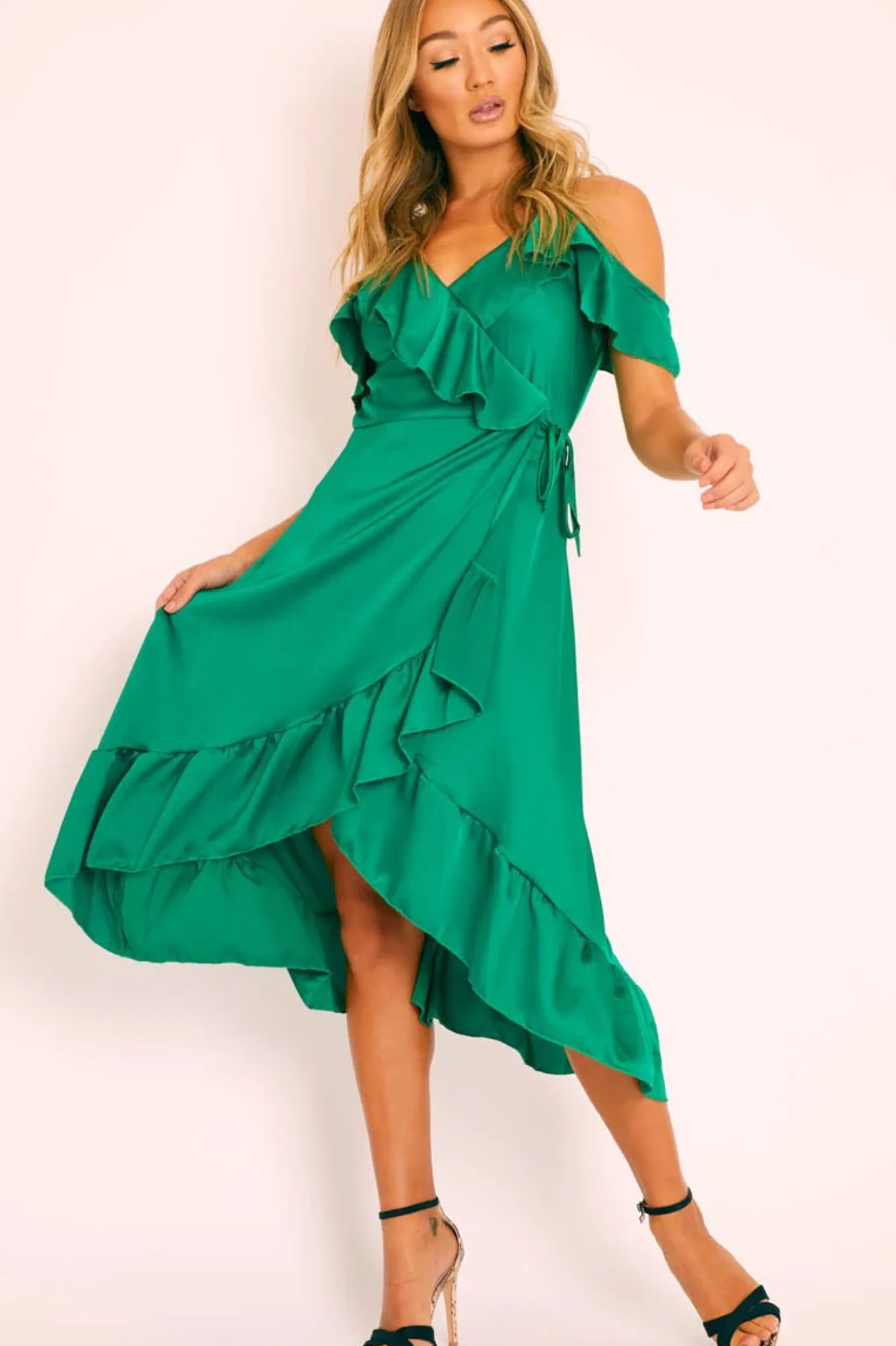 Rebellious Fashion Green Satin Ruffle Wrap Midi Dress - Eiza