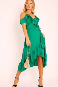 Rebellious Fashion Green Satin Ruffle Wrap Midi Dress - Eiza