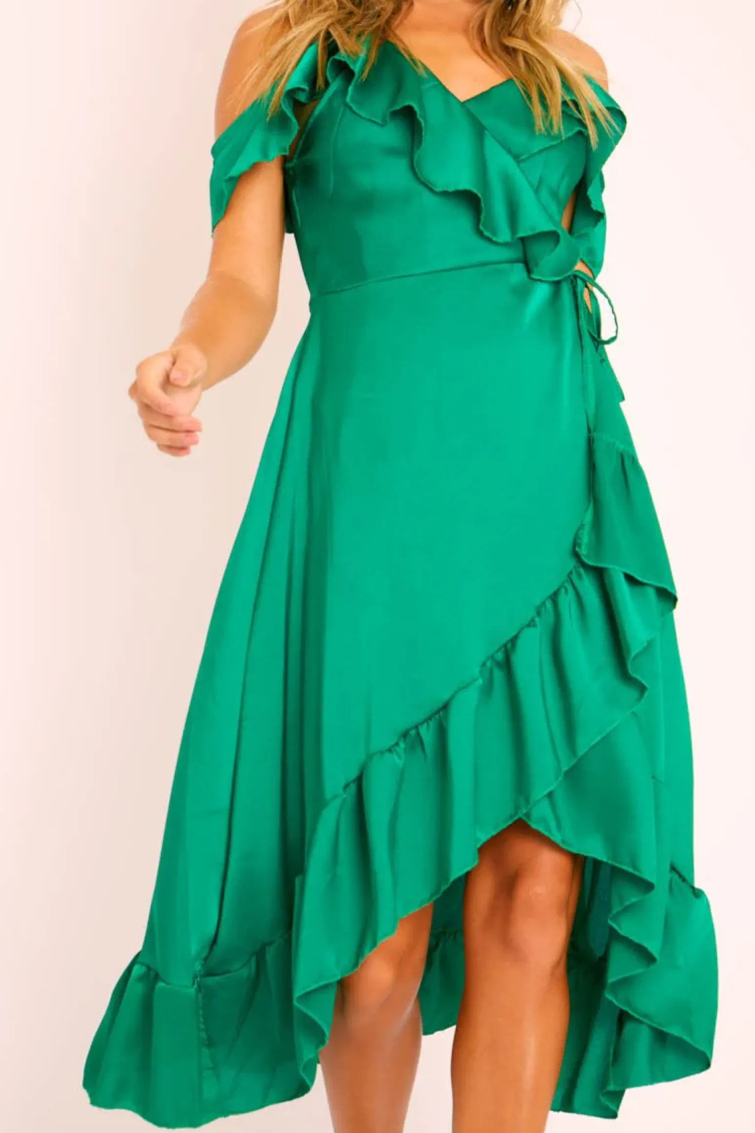 Rebellious Fashion Green Satin Ruffle Wrap Midi Dress - Eiza