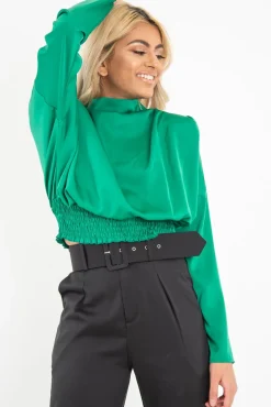 Rebellious Fashion Green Satin Shoulder Pad Shirred Waist Blouse - Farida