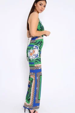 Rebellious Fashion Green Scarf Print Backless Jumpsuit - Winslet