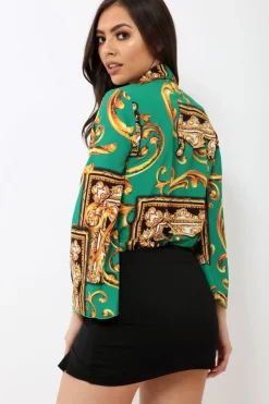 Rebellious Fashion Green Scarf Print Plunge Bodysuit - Cindy-Lou