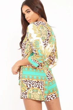 Rebellious Fashion Green Scarf Print Tie Waist Playsuit - Kaye