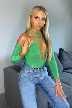 Rebellious Fashion Green Slinky Strappy Crossover Cut Out Shoulders Bodysuit - Jorja