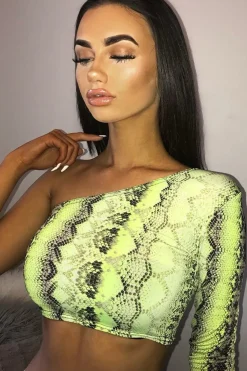 Rebellious Fashion Green Snake Print One Sleeve Crop Top - Preesha