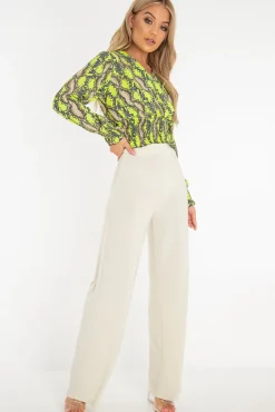 Rebellious Fashion Green Snake Print Plunge Shirred Waist Blouse - Athena