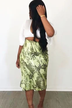Rebellious Fashion Green Snake Satin Midi Skirt - Klover