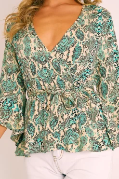 Rebellious Fashion Green Snake Wrap Belted Blouse - Elease