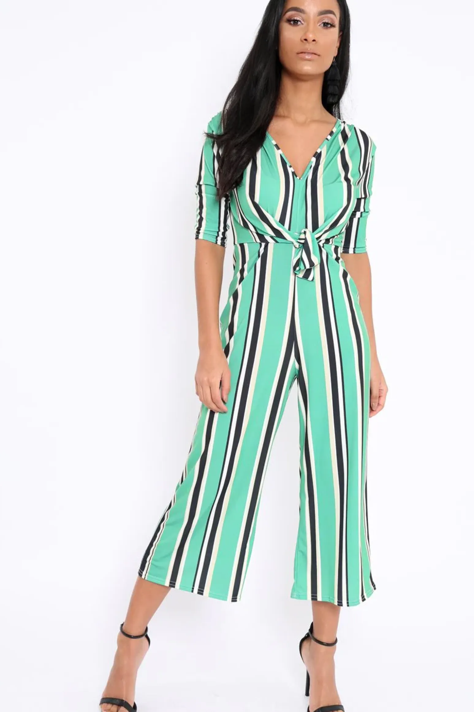 Rebellious Fashion Green Striped Tie Front Jumpsuit - Tabatha