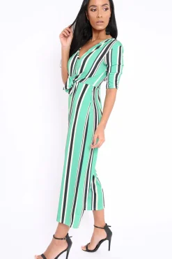 Rebellious Fashion Green Striped Tie Front Jumpsuit - Tabatha