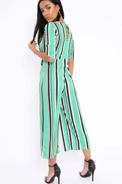 Rebellious Fashion Green Striped Tie Front Jumpsuit - Tabatha