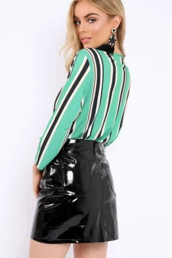 Rebellious Fashion Green Striped Wrap Front Plunge Bodysuit - Edie
