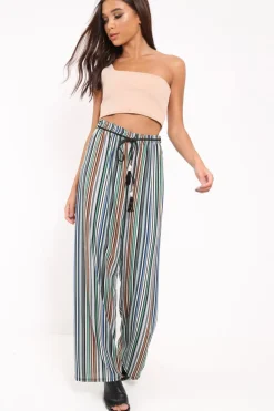 Rebellious Fashion Green Stripe Wide Leg Beaded Tie Trousers - Haylie
