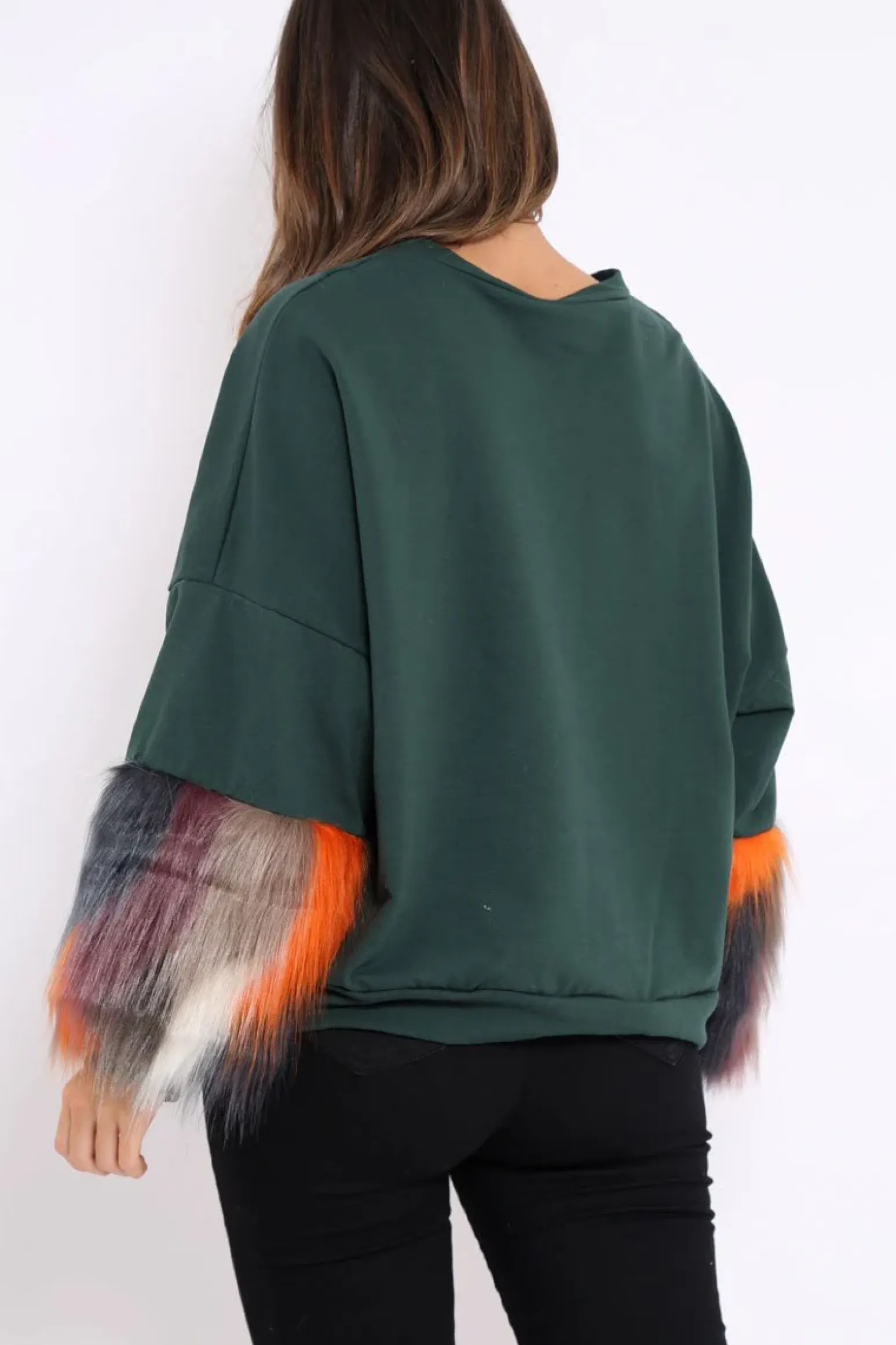 Rebellious Fashion Green Sweatshirt with Multicolour Fur Sleeves - Loise