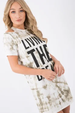 Rebellious Fashion Green Tie Dye 'Living The Dream' Cold Shoulder T-Shirt Dress - Melie