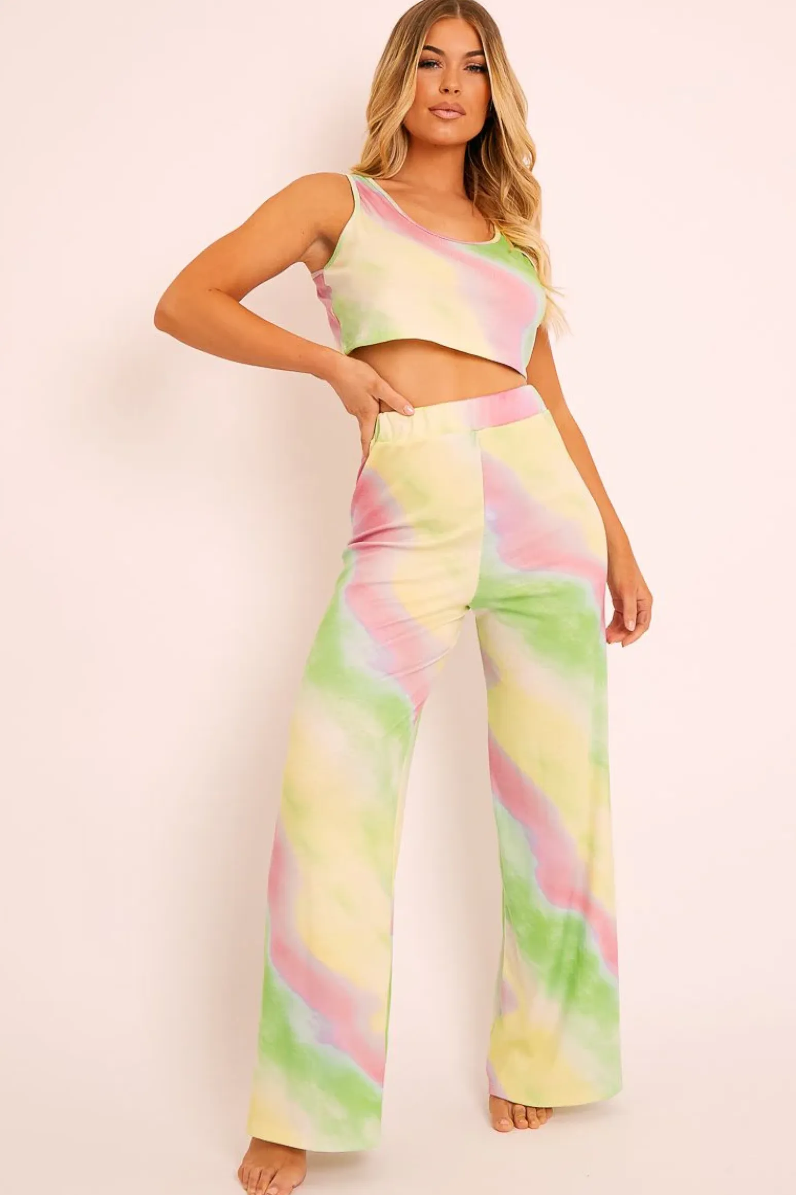 Rebellious Fashion Green Tie-Dye Ribbed Vest Loungewear Co-ord - Alaire