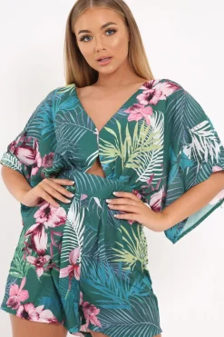Rebellious Fashion Green Tropical Kimono Sleeve Playsuit - Suzy
