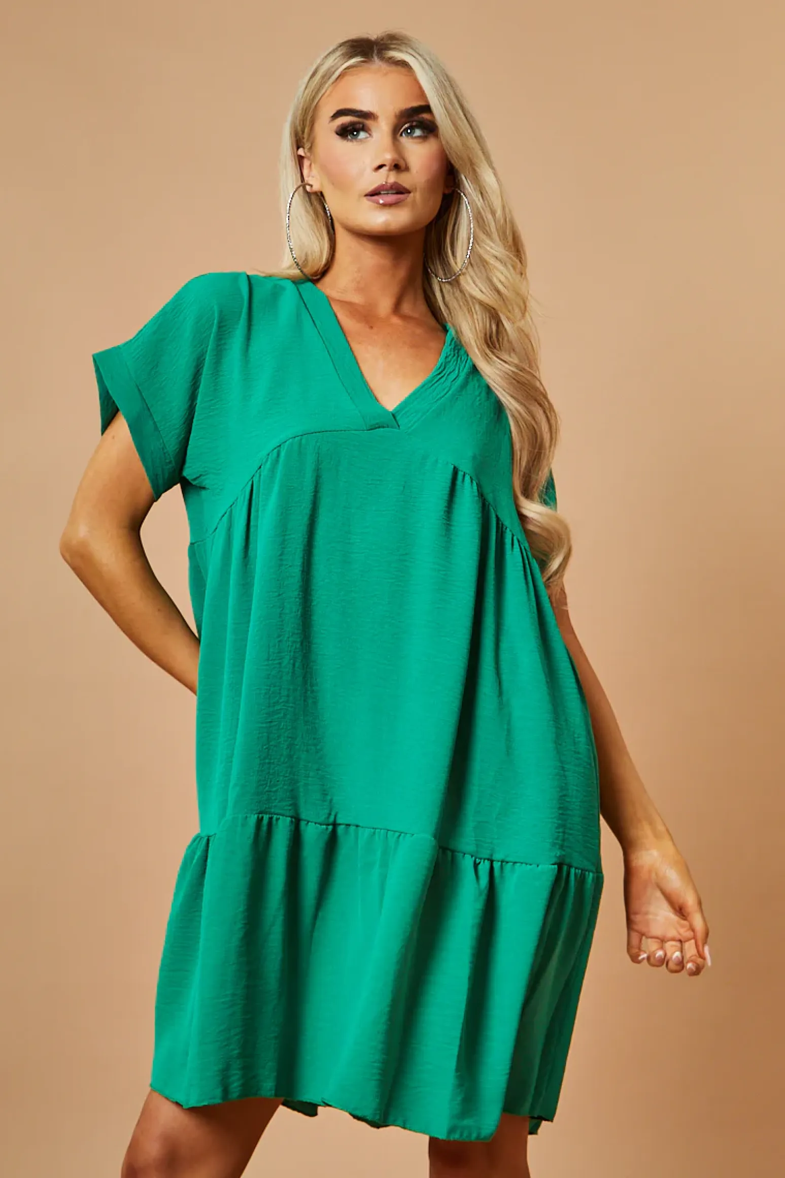 Rebellious Fashion Green V-Neck Tiered Frill Mini Dress - Kate