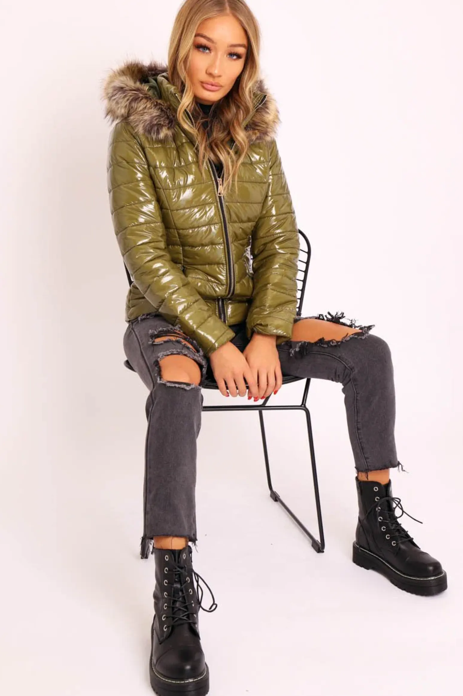 Rebellious Fashion Green Wet Look Puffer Coat - Soph
