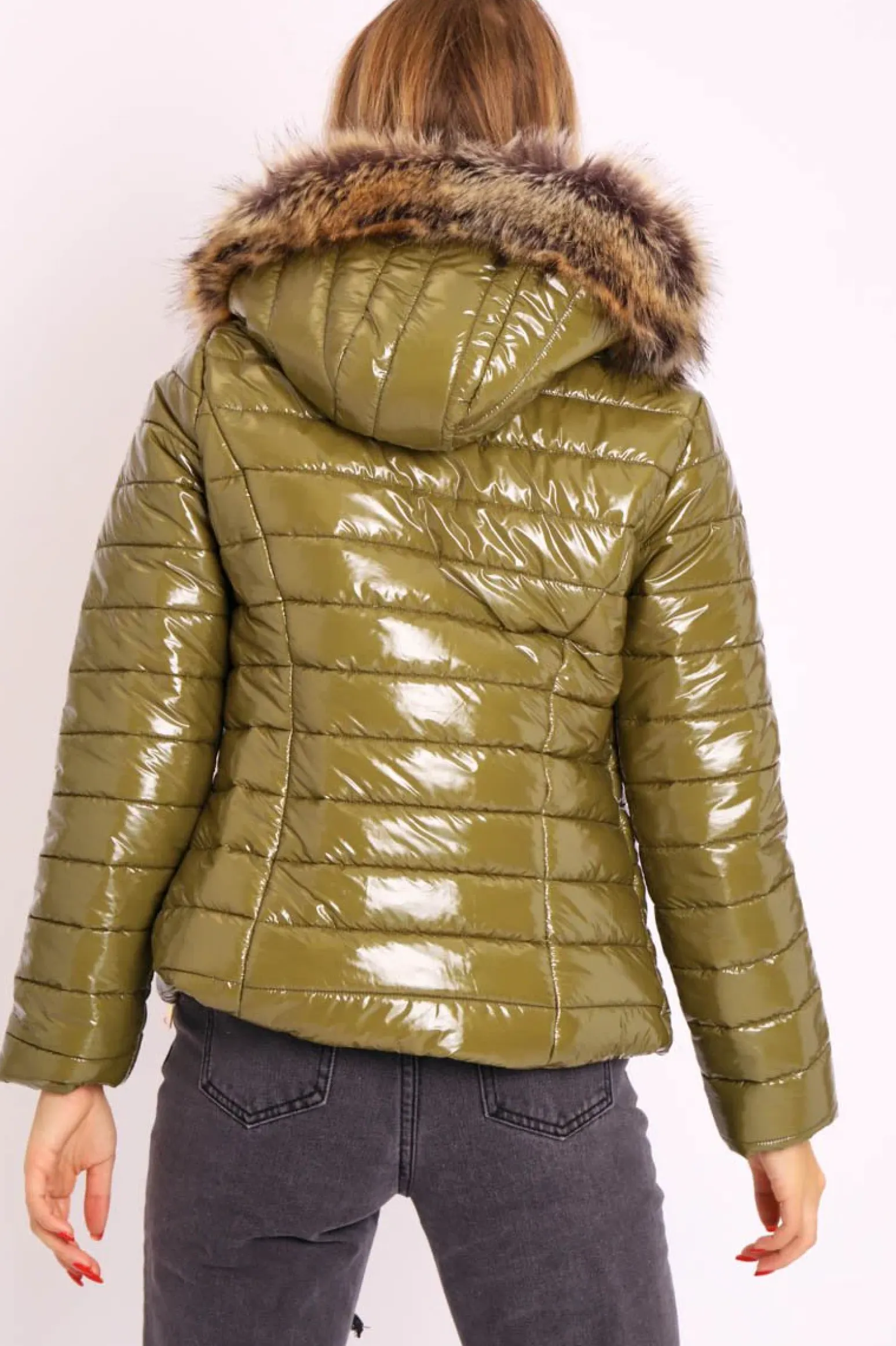 Rebellious Fashion Green Wet Look Puffer Coat - Soph