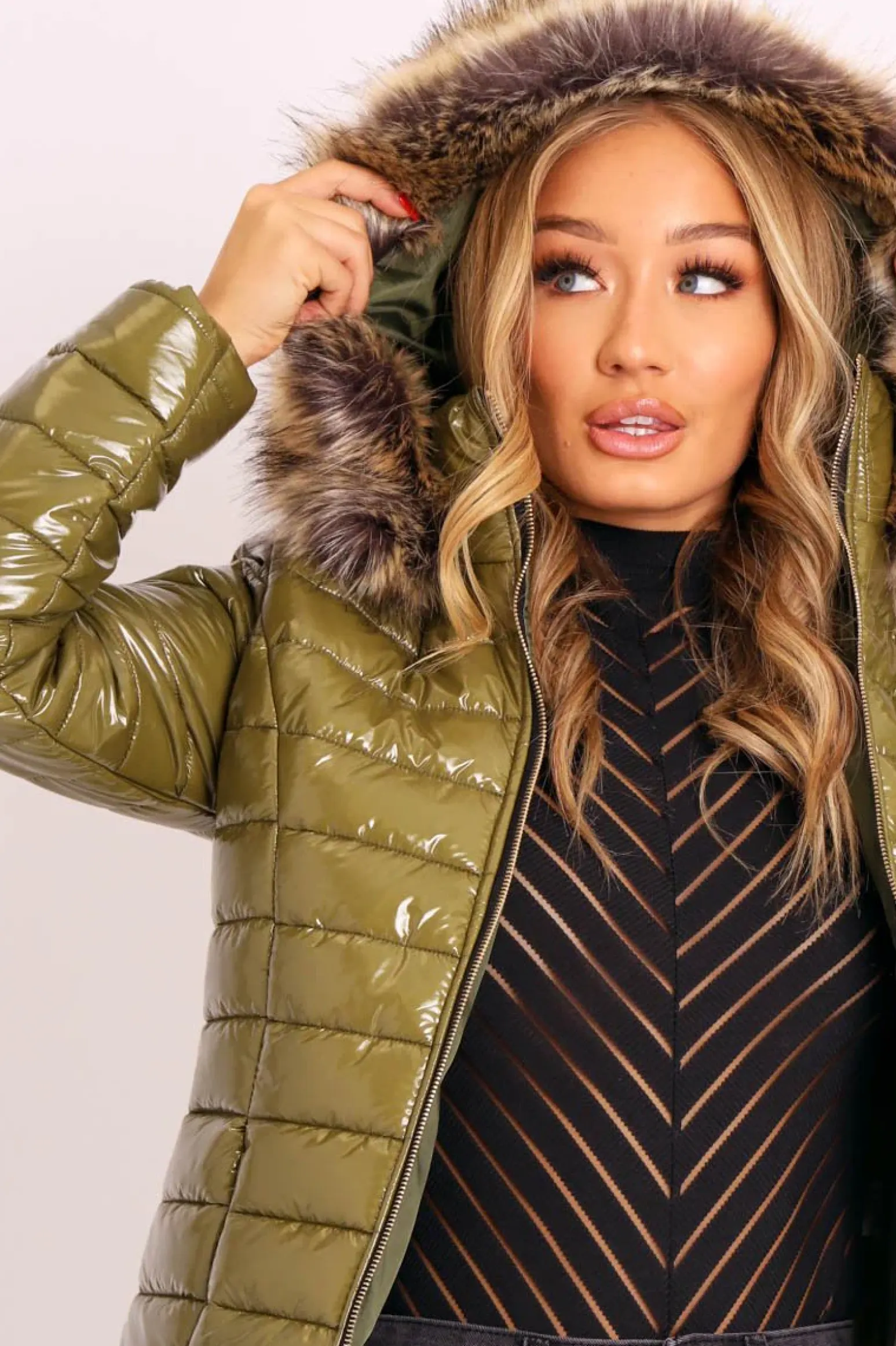 Rebellious Fashion Green Wet Look Puffer Coat - Soph