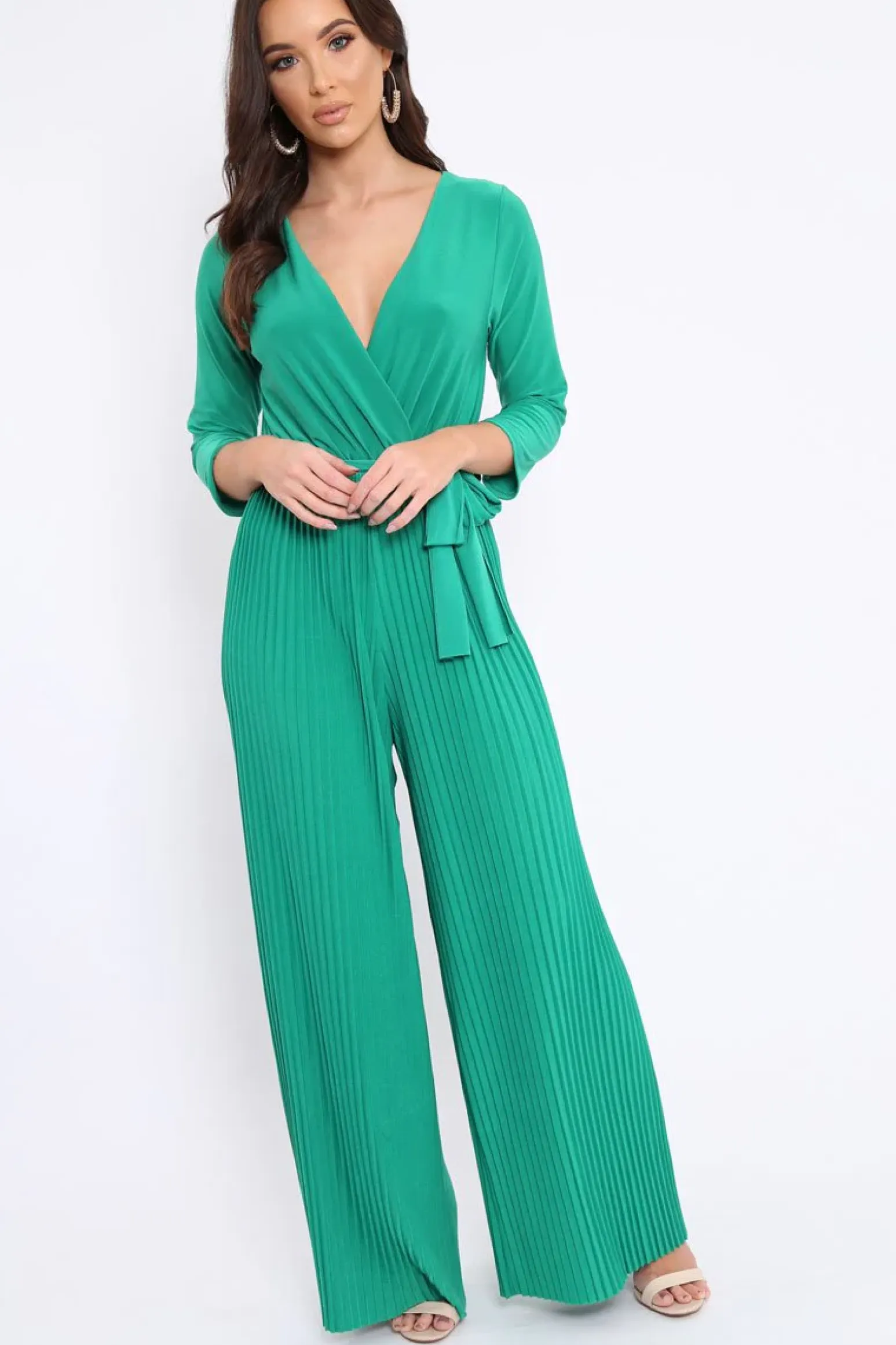 Rebellious Fashion Green Wrap Front Plisse Leg Jumpsuit - Haiden