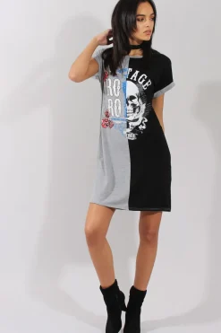 Rebellious Fashion Grey and Black Slogan Print T-Shirt Dress - Harrlet