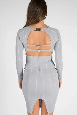 Rebellious Fashion Grey Bandage Bodycon Buckle Detail Midi Dress - Ella