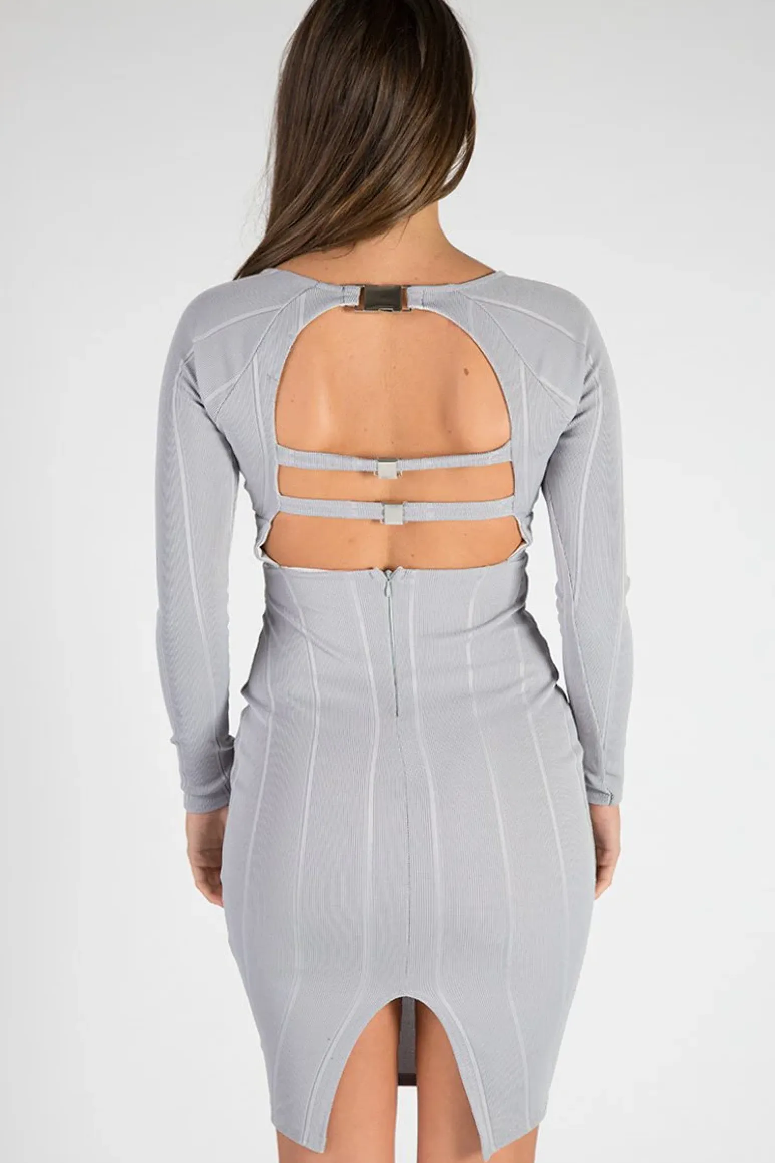 Rebellious Fashion Grey Bandage Bodycon Buckle Detail Midi Dress - Ella