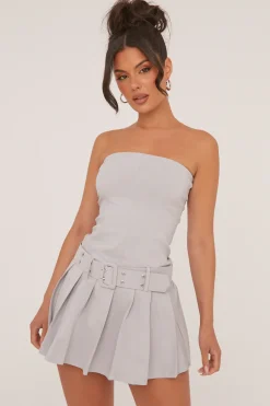 Rebellious Fashion Grey Bandeau Pleat Detail Waist Belt Mini Dress - Clover