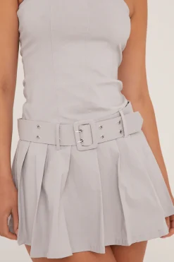 Rebellious Fashion Grey Bandeau Pleat Detail Waist Belt Mini Dress - Clover