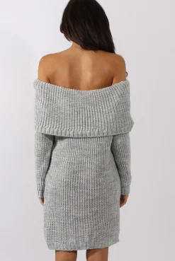 Rebellious Fashion Grey Bardot Heavy Knit Jumper Dress - Suzy