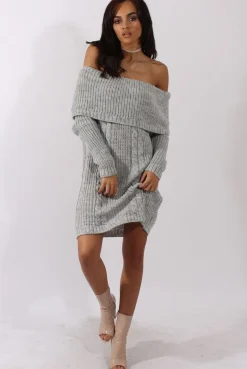Rebellious Fashion Grey Bardot Heavy Knit Jumper Dress - Suzy