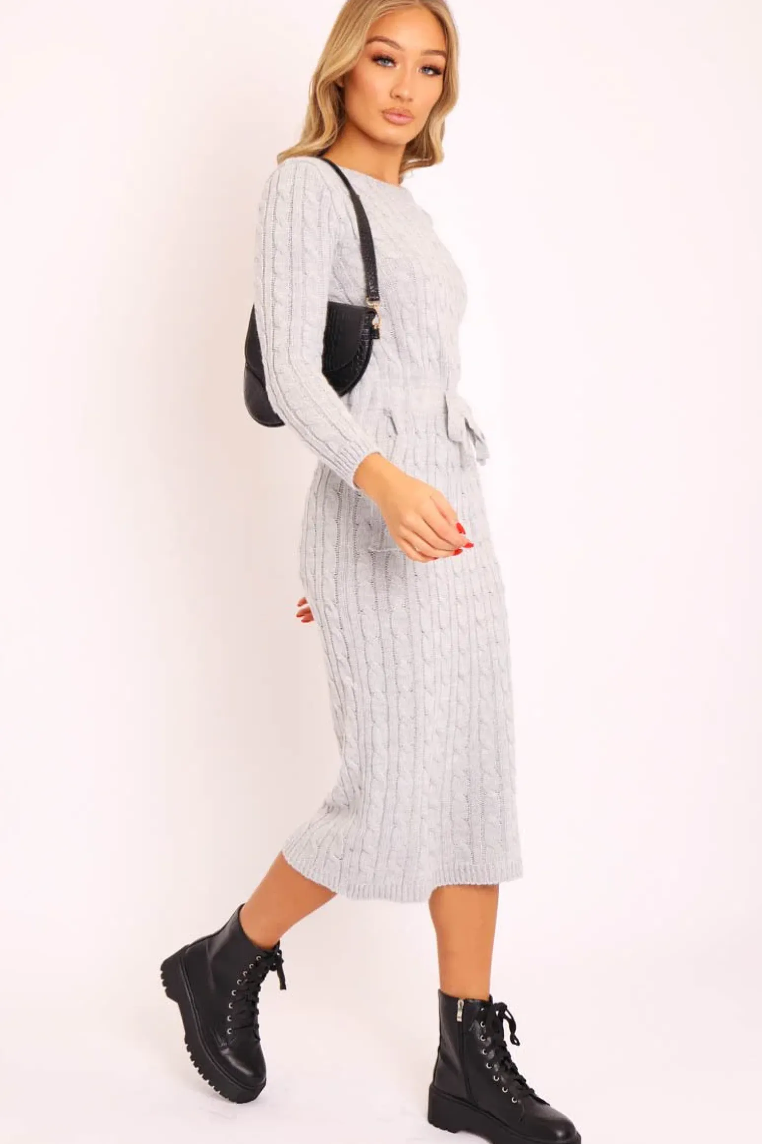 Rebellious Fashion Grey Cable knit Drawstring Waist Maxi Jumper Dress - Julee
