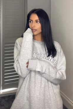 Rebellious Fashion Grey California Slogan Sweater Mini Dress - Immi