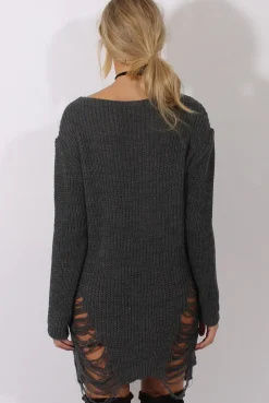 Rebellious Fashion Grey Distressed Jumper Dress - Kim