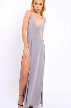 Rebellious Fashion Grey Front Split Leg Maxi Dress - Effy